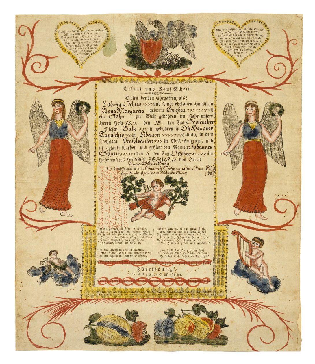 出生和洗礼证书，c。 1828年（手工彩色木版画在纸上） 作者 美国学校