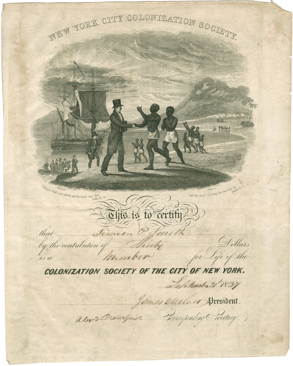 Simeon P. Smith的殖民社会证书，1837年 作者 美国学校