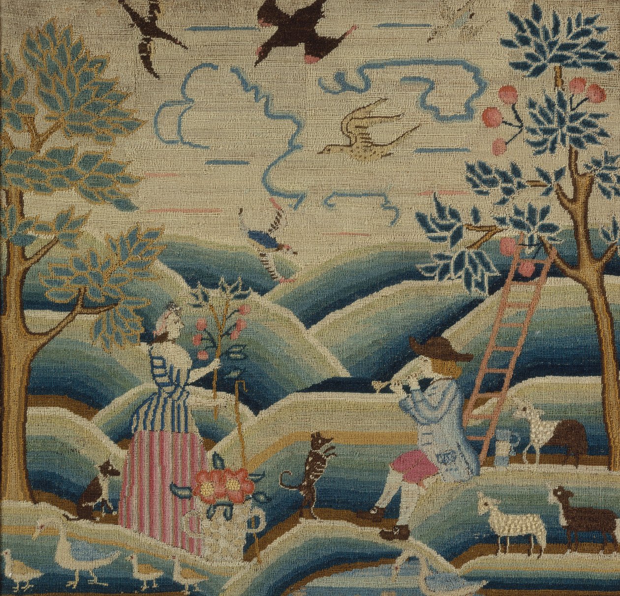 绣花图片，c.1740（亚麻，羊毛和丝绸） 作者 美国学校