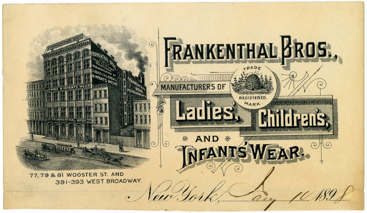 Frankenthal Bros.，女士，儿童和婴儿服装制造商[交易卡]，1898年 作者 美国学校