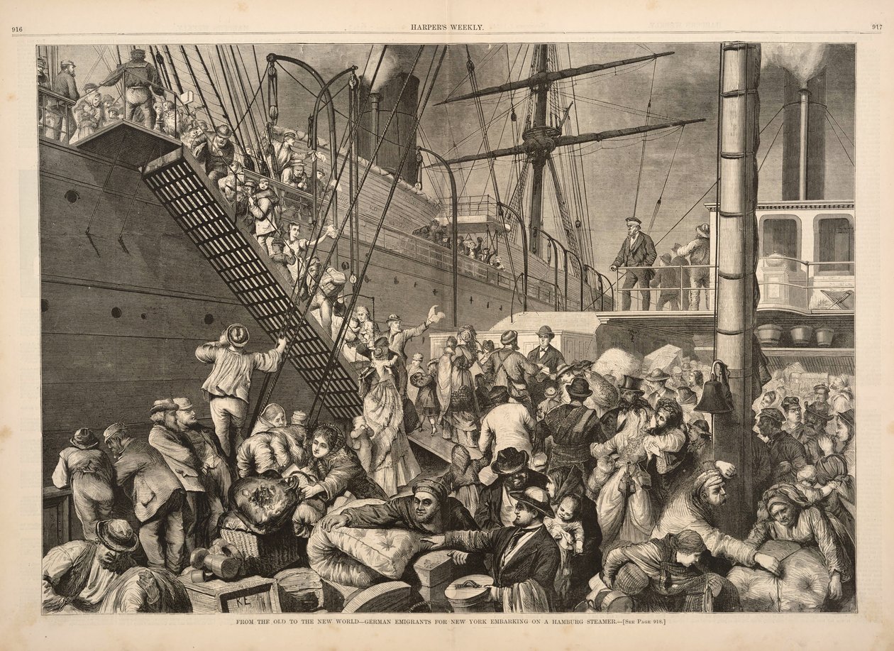 从旧世界到新世界 - 纽约的德国移民从Harpers Weekly，pub.1874开始登上汉堡轮船 作者 美国学校