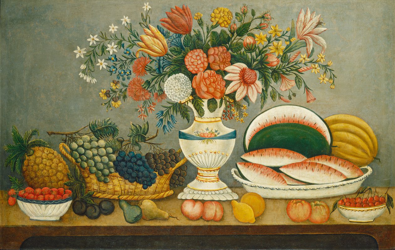 水果和鲜花，c.1850 作者 美国学校