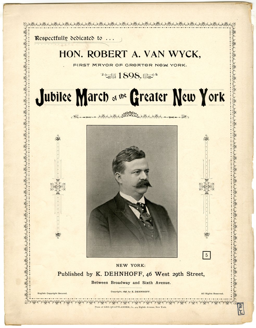 Jubilee March of Greater New York [乐谱封面]，1898年（石版画[乐谱封面]） 作者 美国学校