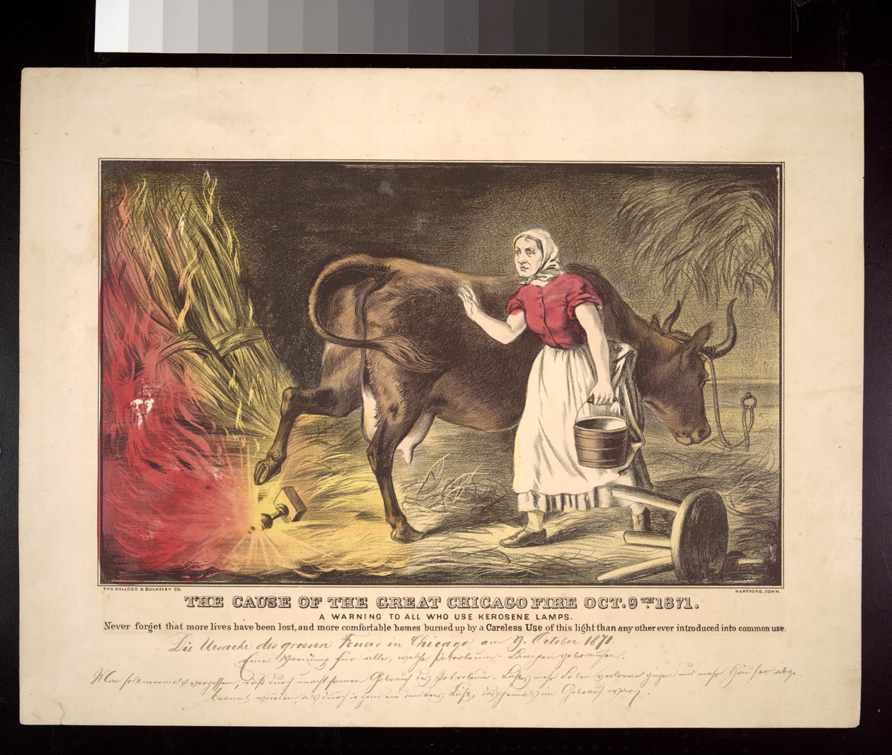 Kate OLeary和她的母牛敲了一盏灯笼，这是1871年芝加哥火灾的神话开始，c.1872 作者 美国学校