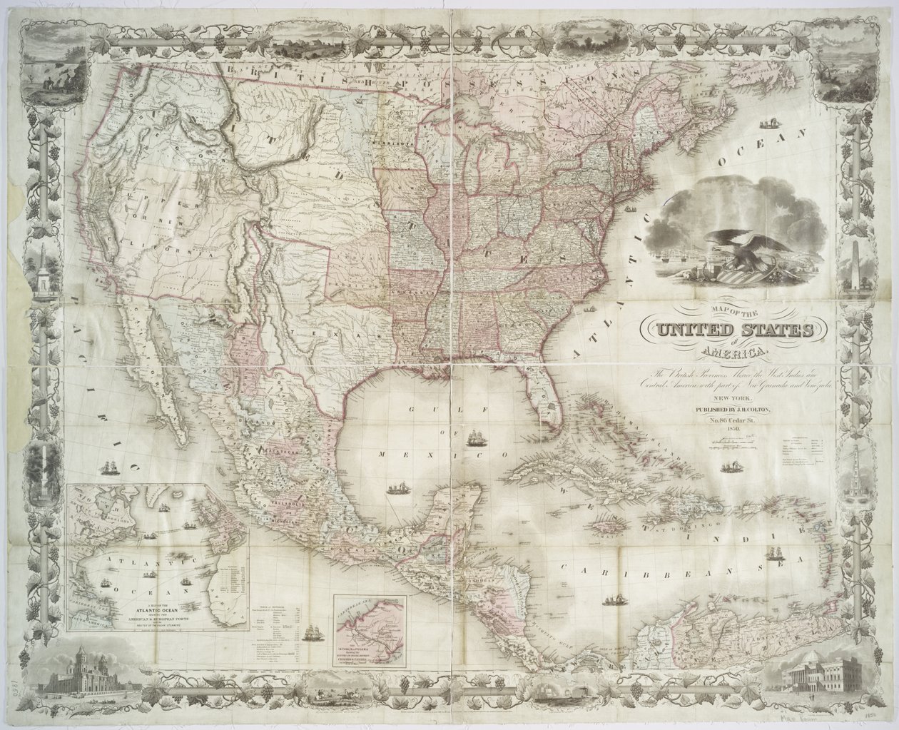 1850年美利坚合众国，英属各省，墨西哥，西印度群岛和中美洲地图（手工彩色印刷） 作者 美国学校