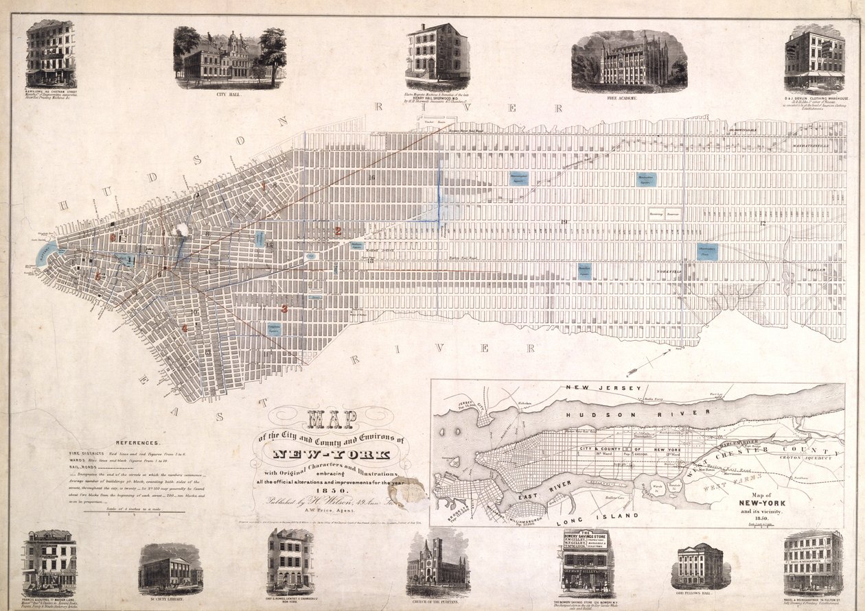 纽约市和县周围地区的原始人物和照明，1850年，1850年（黑色墨水在纸上，背面布） 作者 美国学校