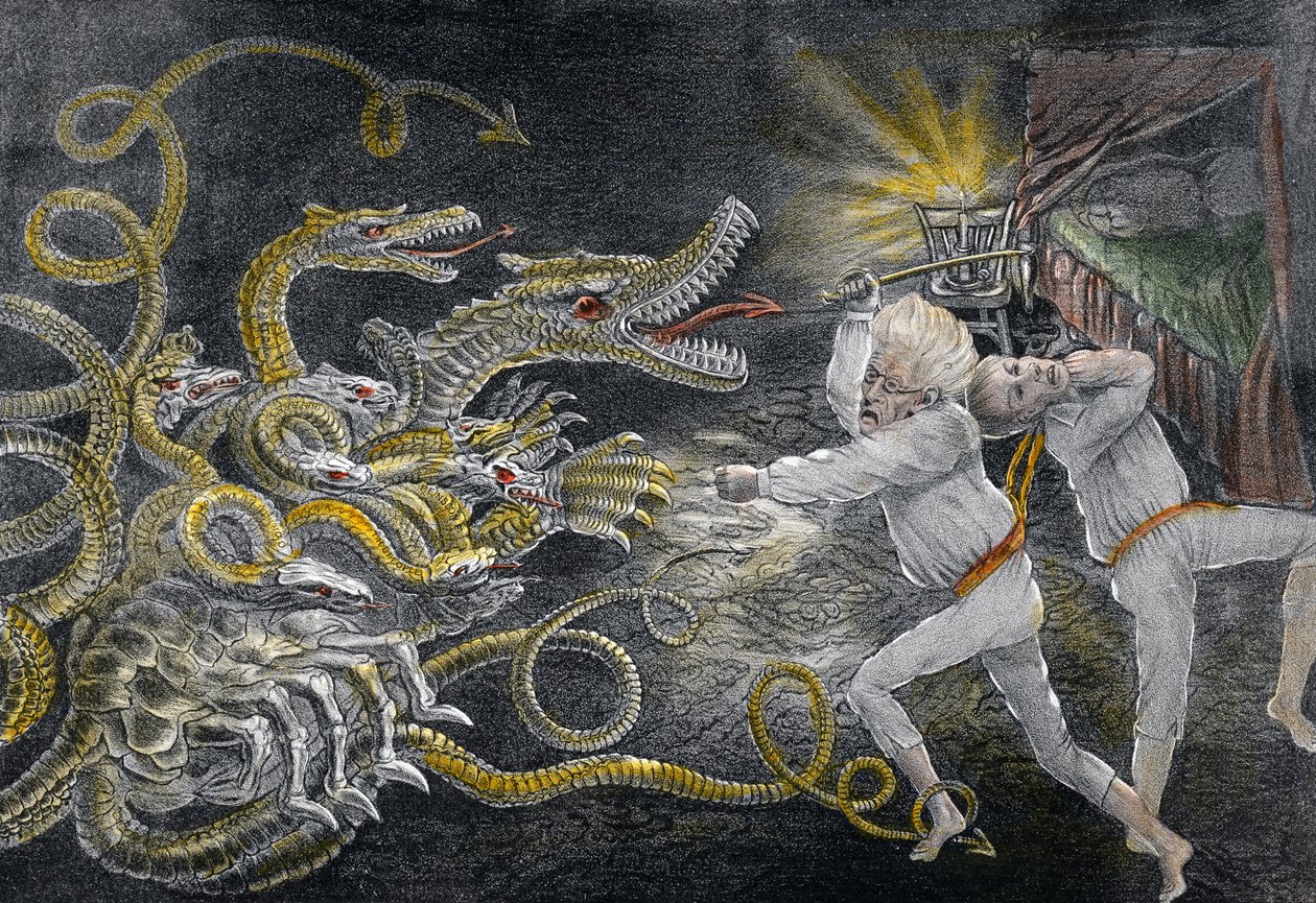 政治上的Quixotism在专利魔术眼镜，外交大力士，攻击政治九头蛇，酒吧。 1833年（手工彩色雕刻） 作者 美国学校