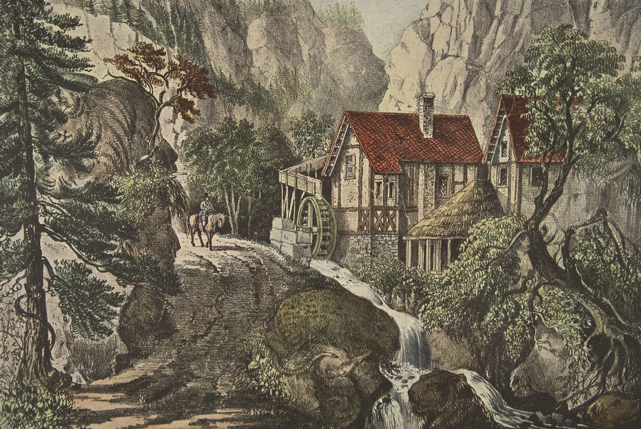 益智图片 - 老瑞士磨坊，酒吧。 1872年，Currier＆Ives 作者 美国学校