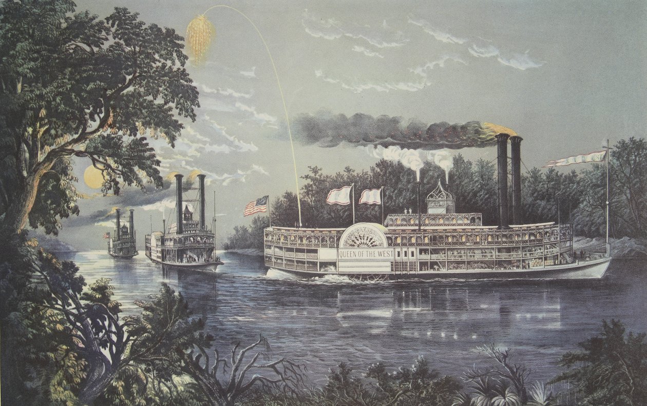 绕着密西西比河弯，西部的汽船女王，酒吧。 1866年，Currier＆Ives 作者 美国学校