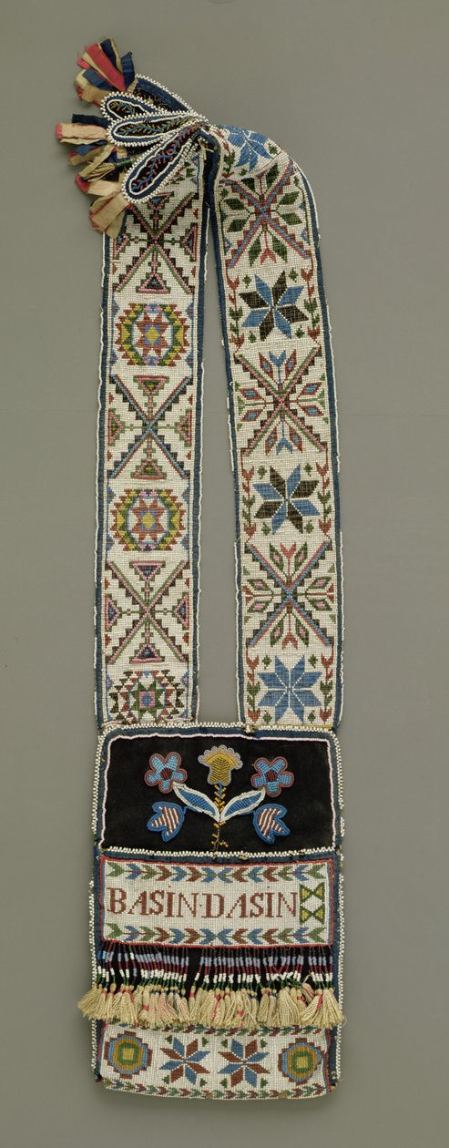 单肩包，Chippewa，美国原住民，c.1850（羊毛，纱线，棉线和丝带，丝带和玻璃珠） 作者 美国学校