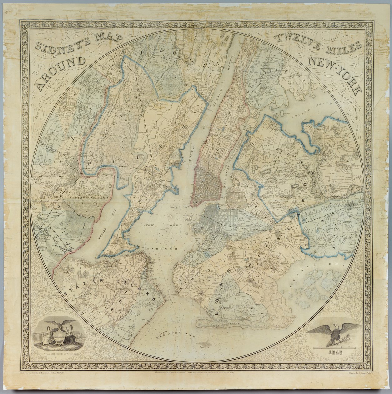 Sidneys地图纽约周围十二英里，诺曼·弗兰德的石版画（fl.1850-1871），由John Henry Camp（1822-1881），1849年印刷（彩色石版画） 作者 美国学校