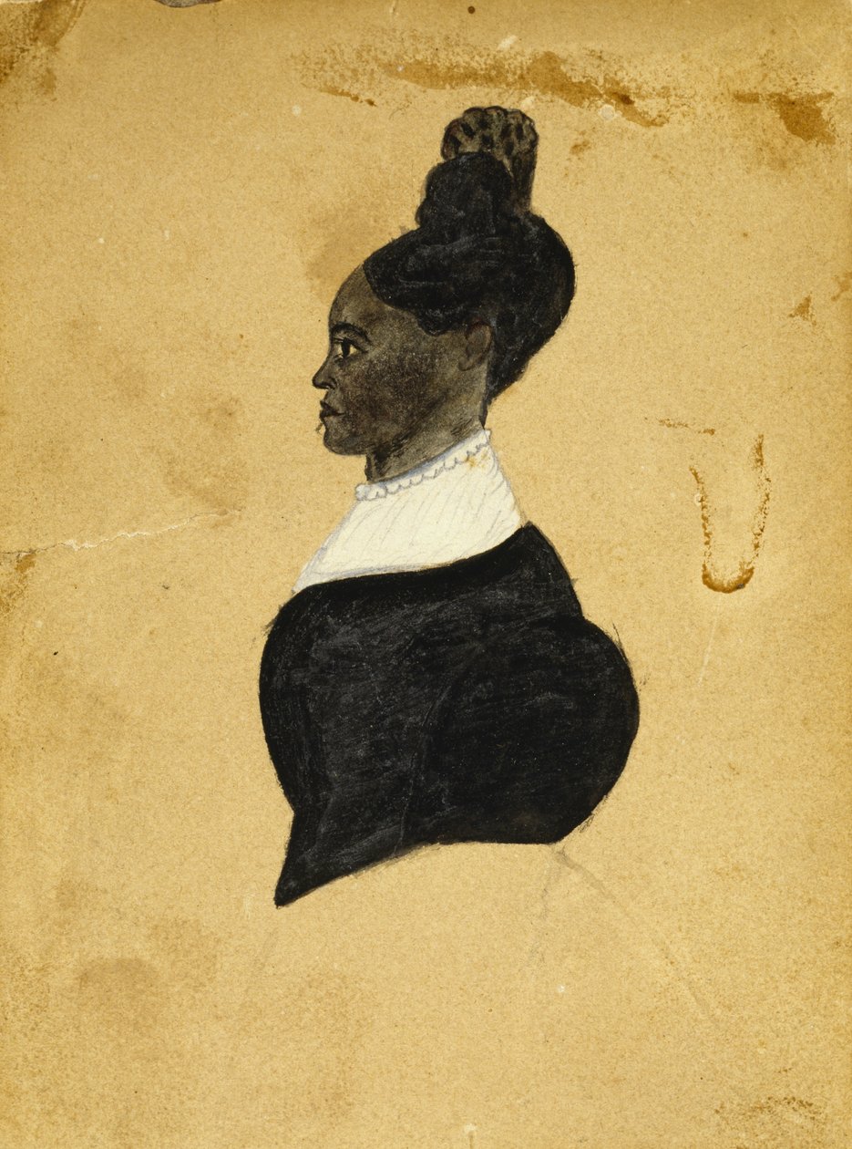 一个少妇的剪影图画，c。 1840-1850（黑色墨水用粉笔描绘木浆纸） 作者 美国学校