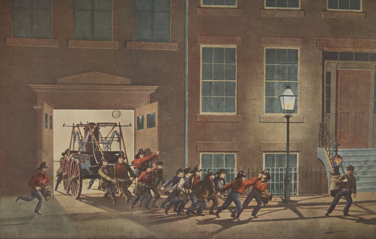 消防员的生活 - 夜间警报，酒吧。 1854年，Currier＆Ives 作者 美国学校