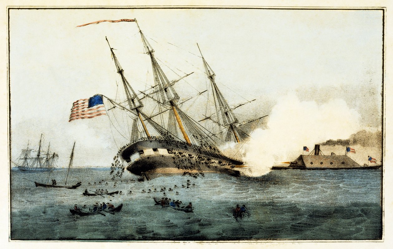 1862年3月8日，弗吉尼亚州纽波特纽斯的铁包裹Merrimac沉没的坎伯兰酒吧。 1862年 作者 美国学校