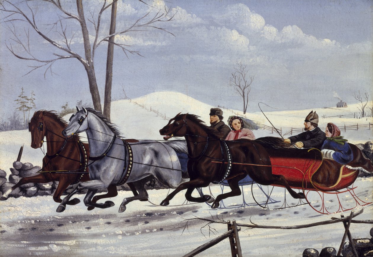 雪橇比赛，1865年（纸板上的油） 作者 美国学校