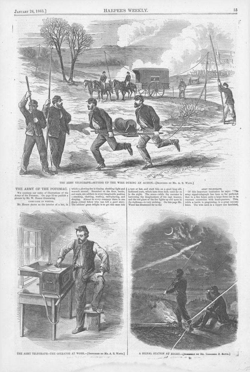 军队电报 - 在行动中设置电线，Harpers Weekly，v.7，1863年1月24日（打印） 作者 美国学校