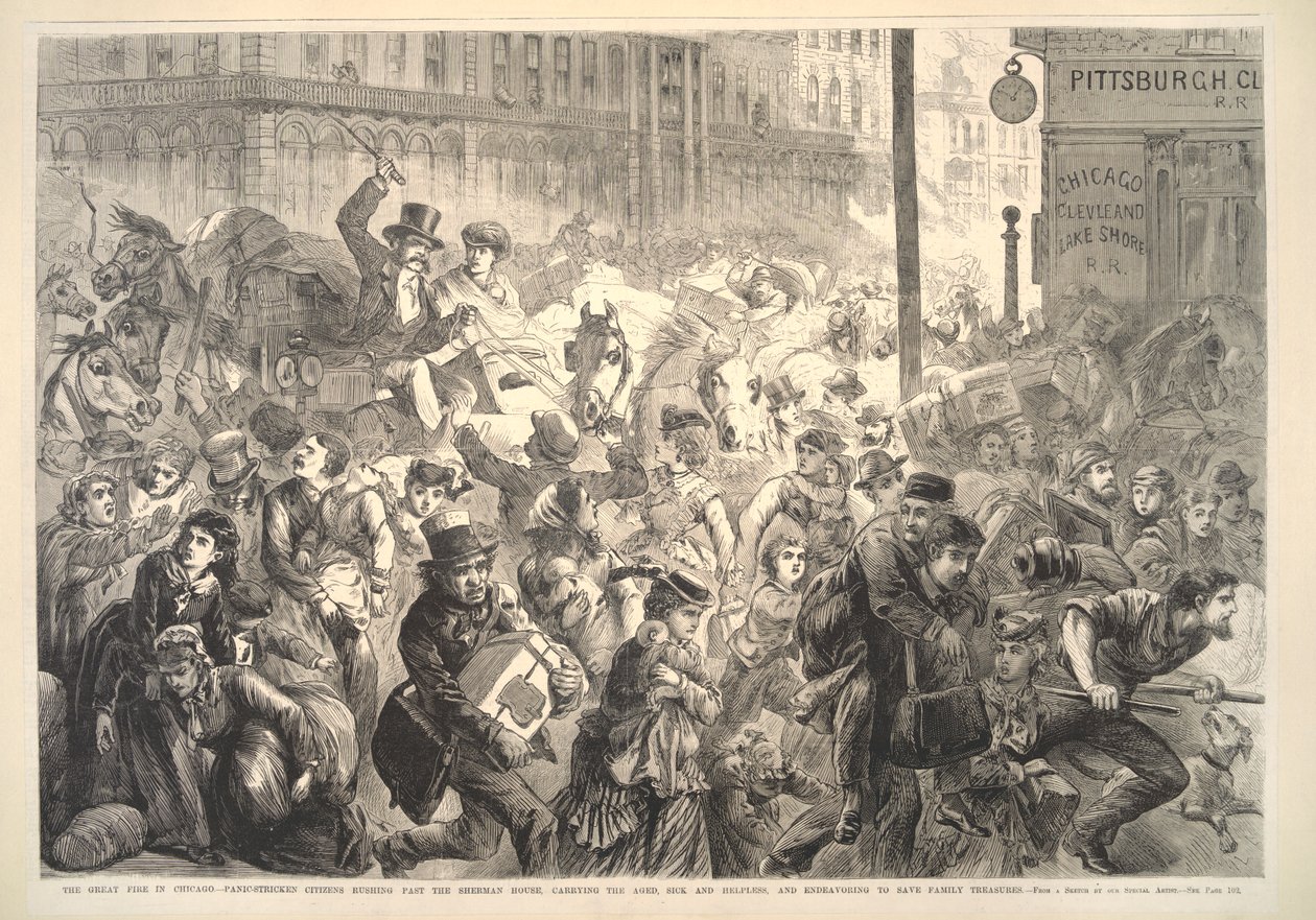 芝加哥大火：惊慌失措的公民冲过谢尔曼之家，图片来自Frank Leslies Illustrated Newspaper，1871 作者 美国学校