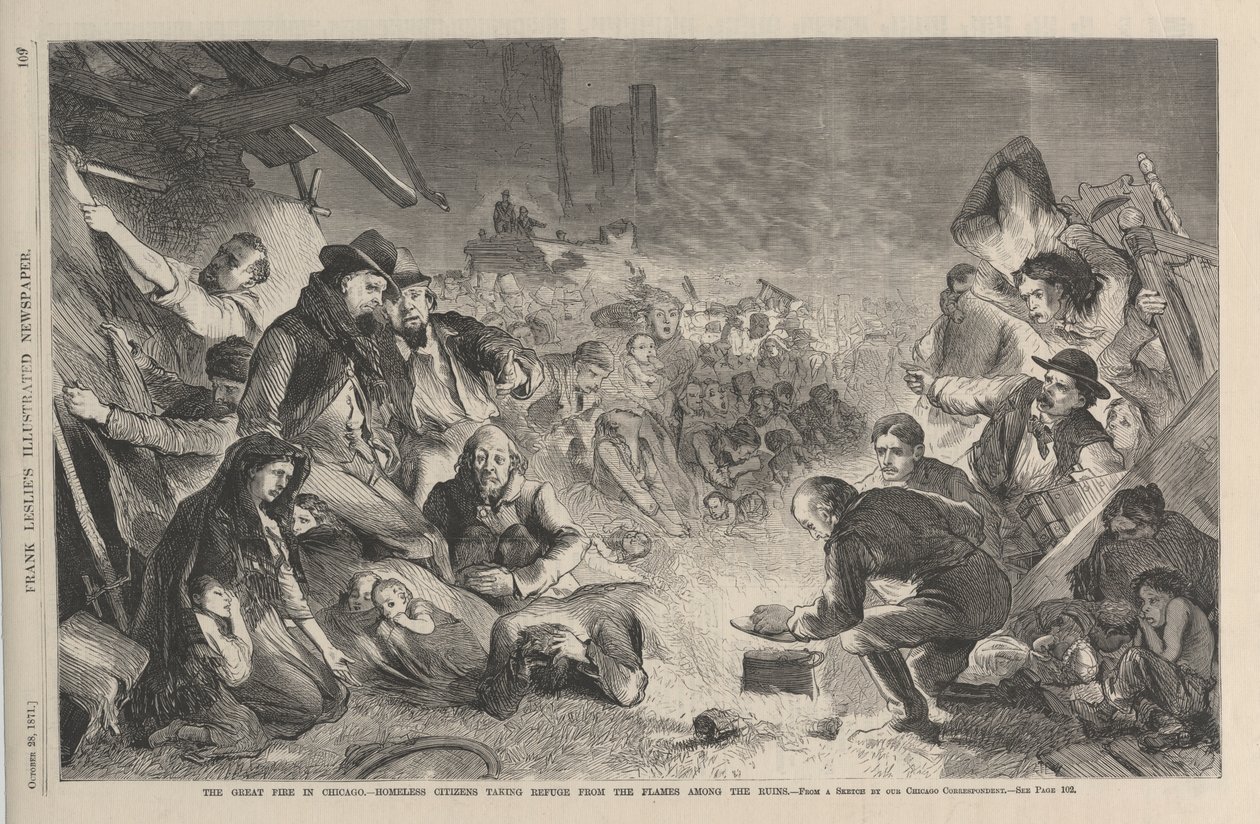 芝加哥的大火 - 无家可归的公民从废墟中的火焰中避难，来自Frank Leslies Illustrated Newspaper，1871年的插图 作者 美国学校