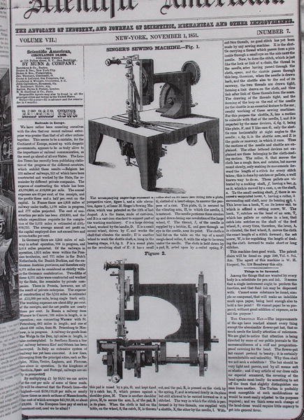 1851年11月1日，来自The Scientific American的Isaac Merrit Singer（1811-75）的缝纫机原型 作者 美国学校