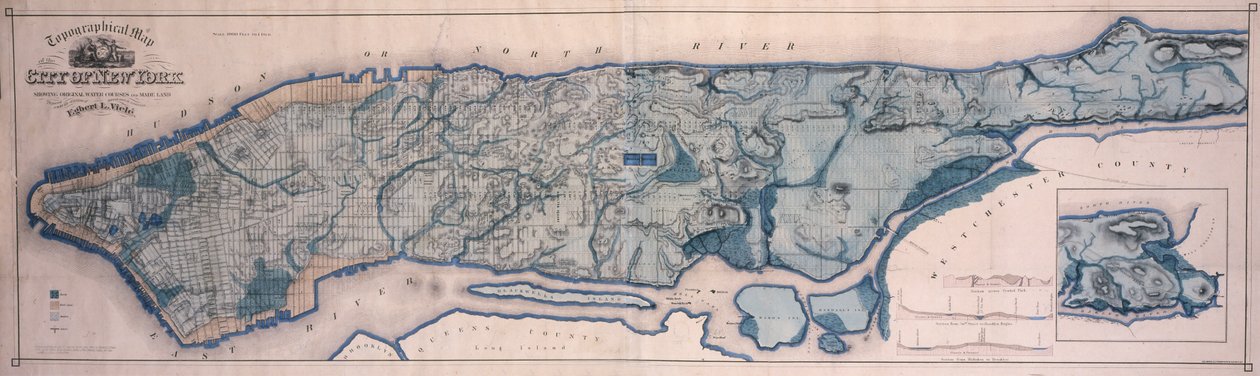 纽约的地形图，显示水道和土地，1865年，1865年（黑色墨水，带有彩色水洗，在布上的纸上） 作者 美国学校