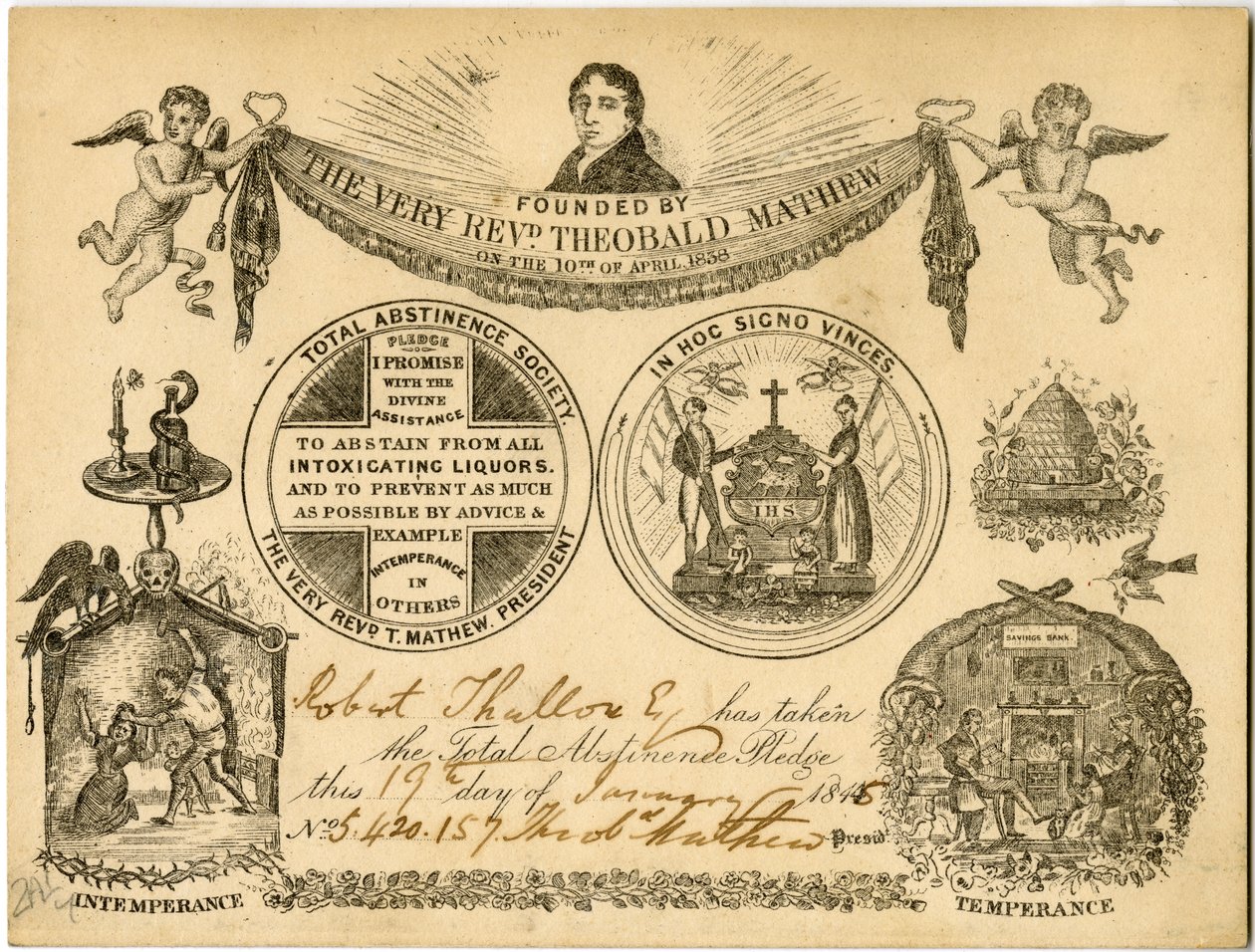 1845年，罗伯特·塔洛（Robert Thallow）的全面禁欲协会全面禁欲承诺卡 作者 美国学校