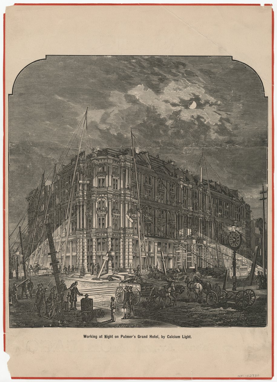 晚上在Palmers Grand Hotel by Calcium Light工作，插图来自土地所有者，c.1872 作者 美国学校