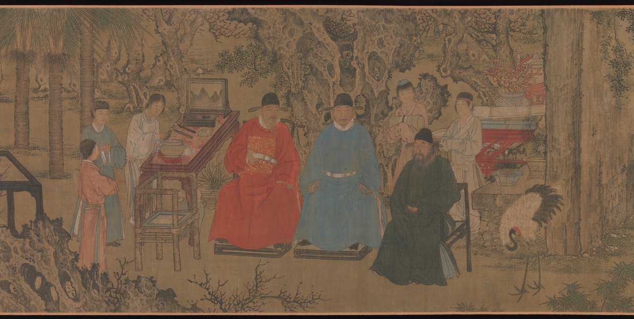 杏花园的优雅聚会，手卷，c.1437（丝绸上的墨水和颜色） 作者 中文学校