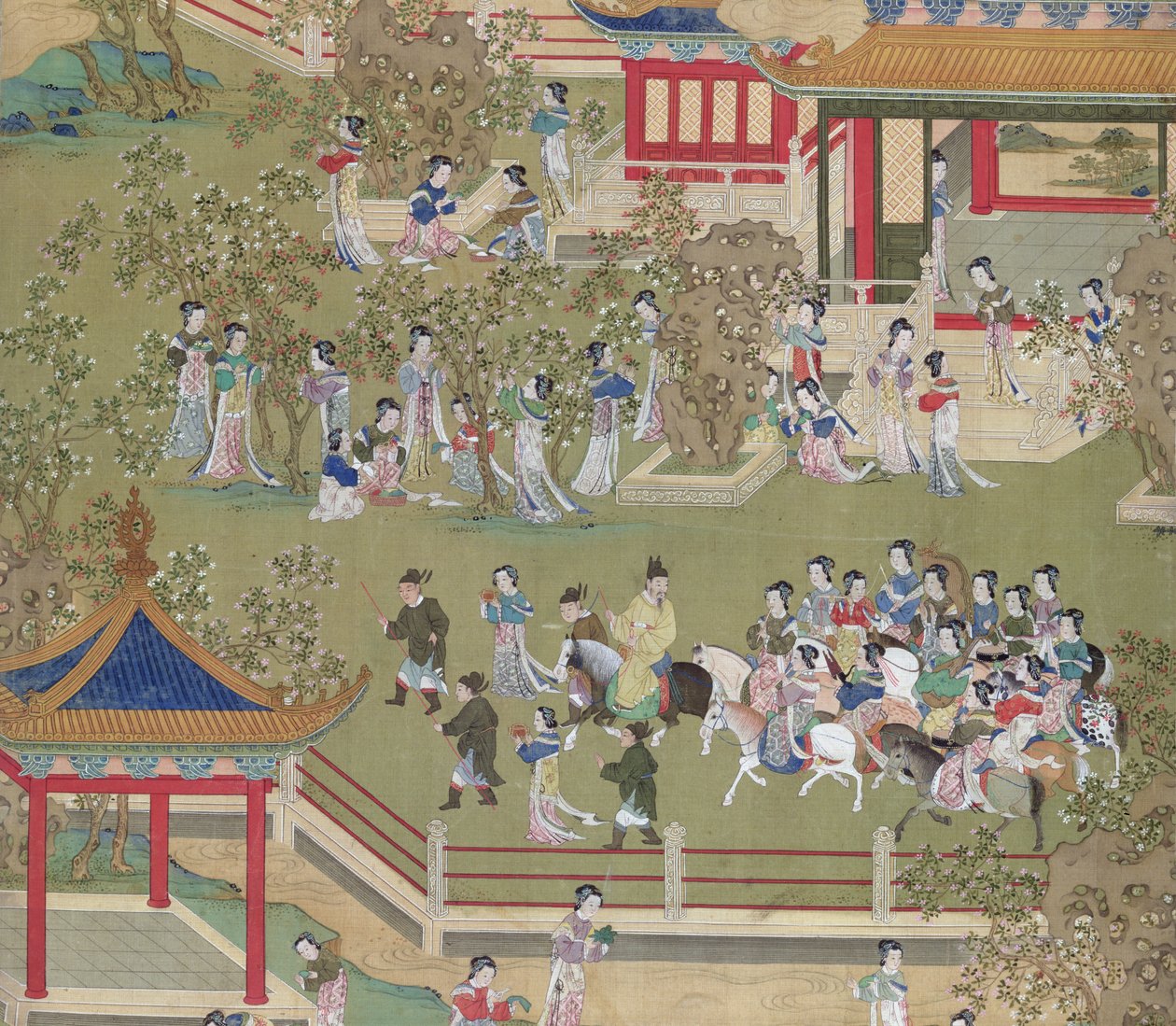 皇帝杨缇（581-618）与他的妻子在他的花园里漫步，中国皇帝的历史（丝绸上的颜色）（细节39132） 作者 中文学校