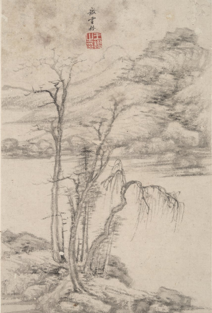各种古代大师风格的风景：1669年的Ni Zan风格（纸上的墨水和颜色） 作者 中文学校
