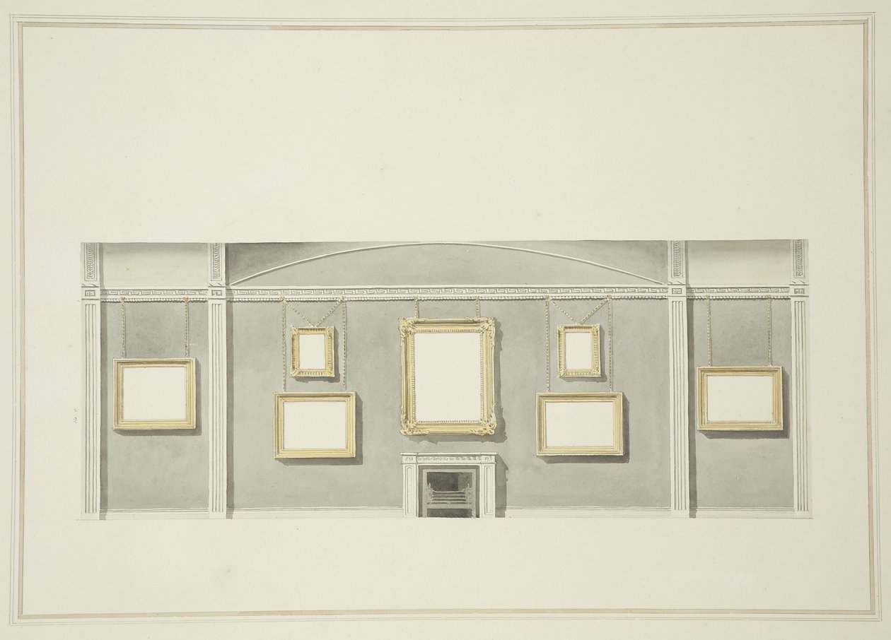 图片的设计挂在约翰莱斯特爵士画廊的一面长墙上，希尔街，1806年（纸上写着铅笔） 作者 英语学校