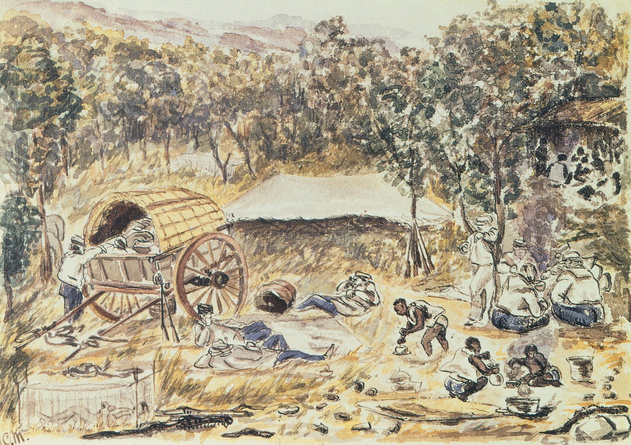 晚上停下来寻找从瀑布到湖泊的Nyasa夫人的运输之旅，c.1863（纸上写着） 作者 英语学校