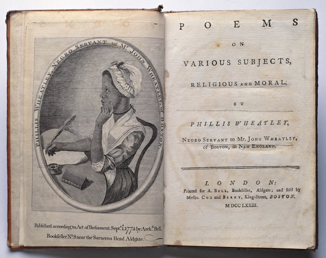 Phillis Wheatley撰写的各种题材，宗教和道德诗的主题和标题，由Archibald Bell出版，Londond，1773年 作者 英语学校