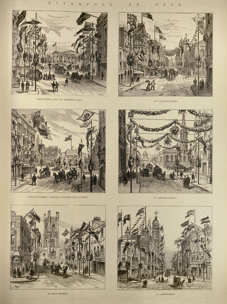 Liverpool en Fete：Lime Street和St. Georges Hall;教堂街;城堡街; Bold Street，来自The Illustrated London News，1886年5月15日 作者 英语学校