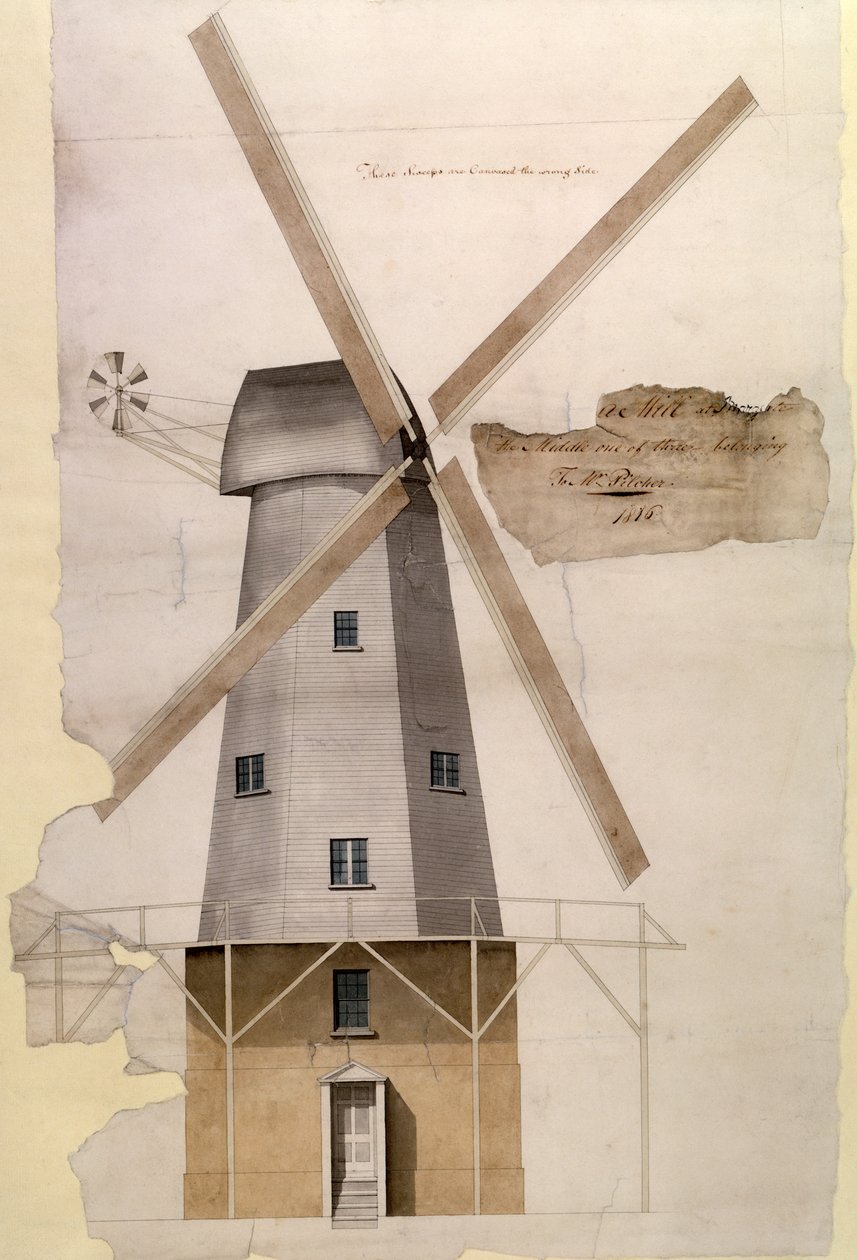 1816年，肯特马盖特的Pilchers Windmill先生（笔和墨水，铅笔和纸上洗） 作者 英语学校