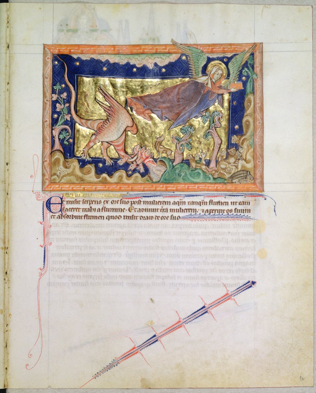LA 139-Lisboa女士fol.32当地球吞下红龙喷出的水，从古尔本基安启示录开始，女人飞走了，c.1265-70 作者 英语学校