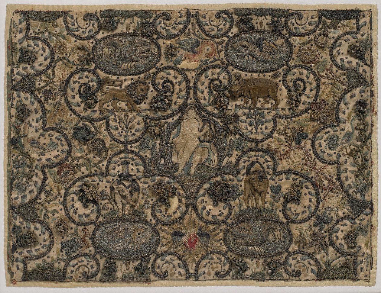 奥菲斯用他的琵琶迷人的动物，凸起的丝绸刺绣，c.1630（丝绸刺绣） 作者 英语学校