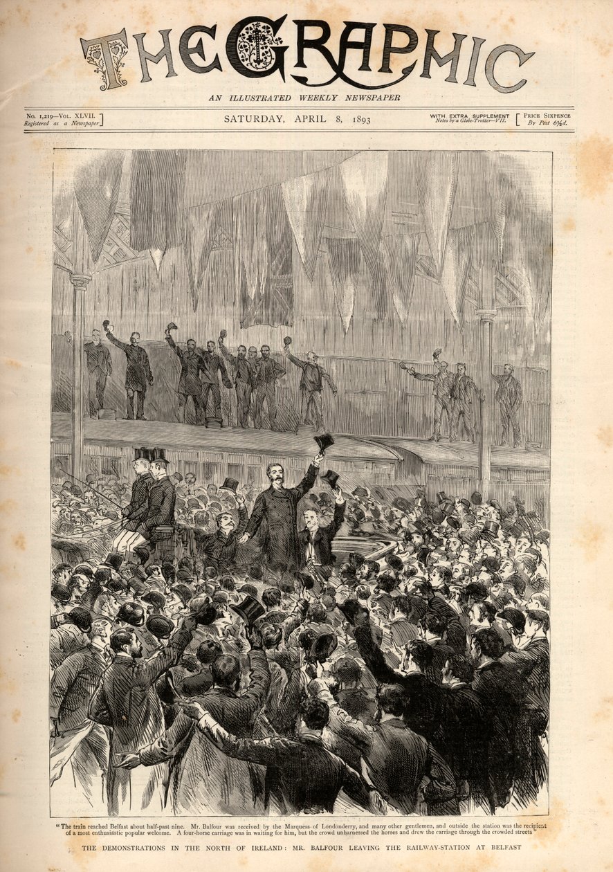 抗议贝尔法斯特的“自治法案”（格拉德斯通介绍）：Arthur James Balfour离开贝尔法斯特的火车站。 作者 英语学校