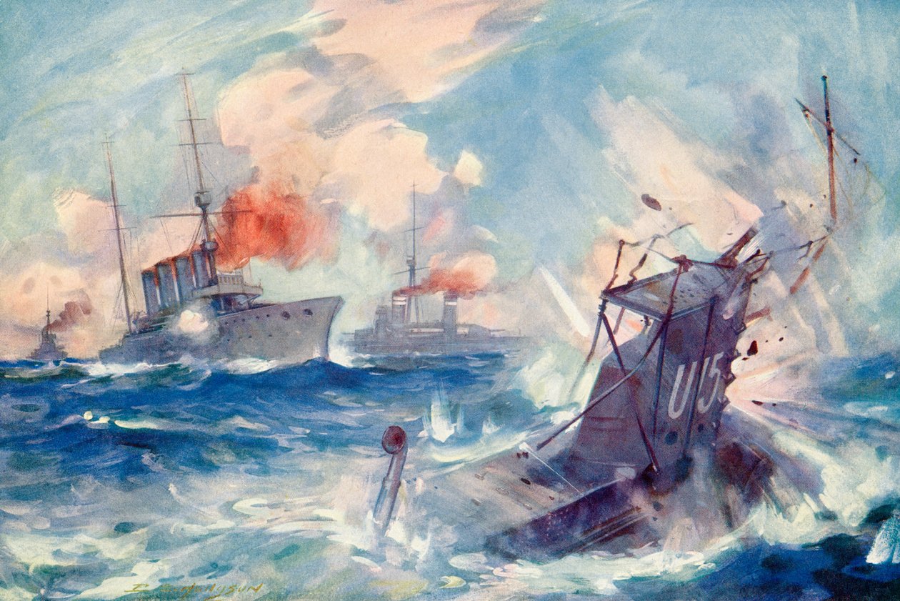 1914年8月9日第一次世界大战期间英国轻型巡洋舰HMS伯明翰撞击德国潜艇SM U-15的沉没，发自1919年（1919年） 作者 英语学校