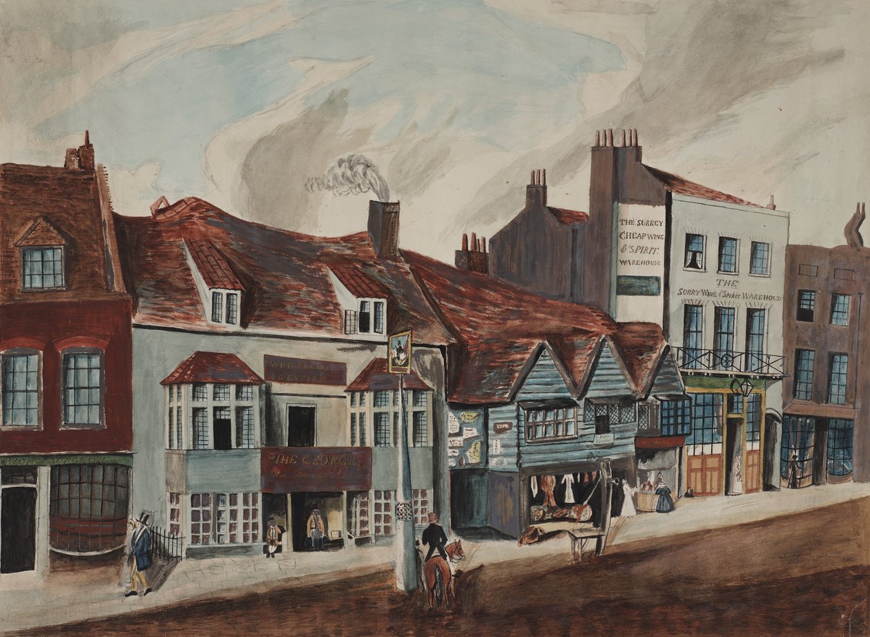 Newington Butts，Southwark的视图显示乔治酒馆和商店前面，c.1825（在纸上wc） 作者 英语学校