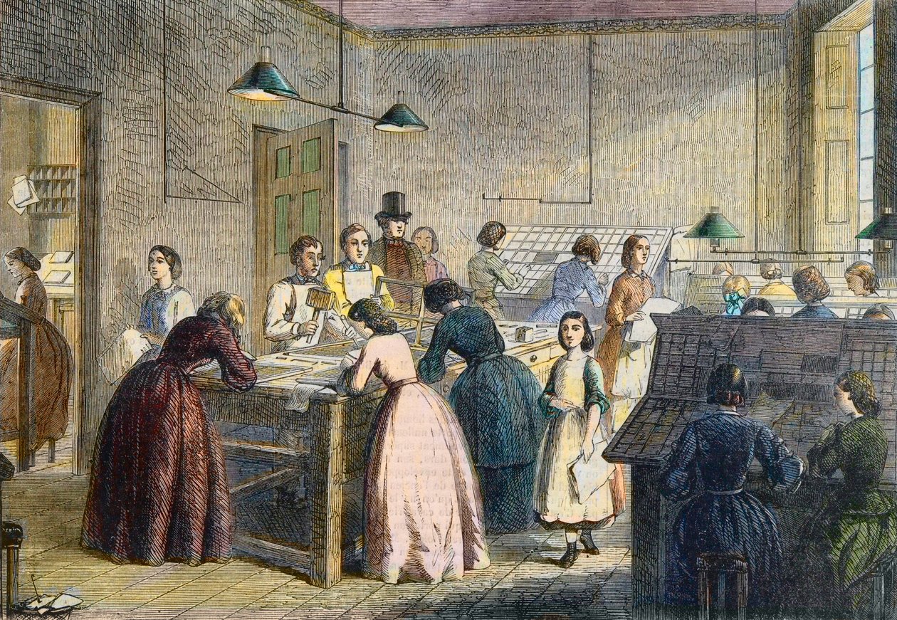 女性作曲家于1860年在伦敦Great Coram街维多利亚出版社印刷办公室工作。 作者 英语学校