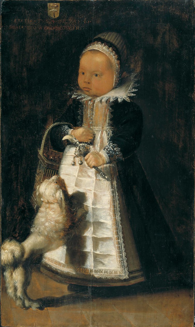 一个女孩的画象有狗的，c.1610 作者 佛兰芒学校