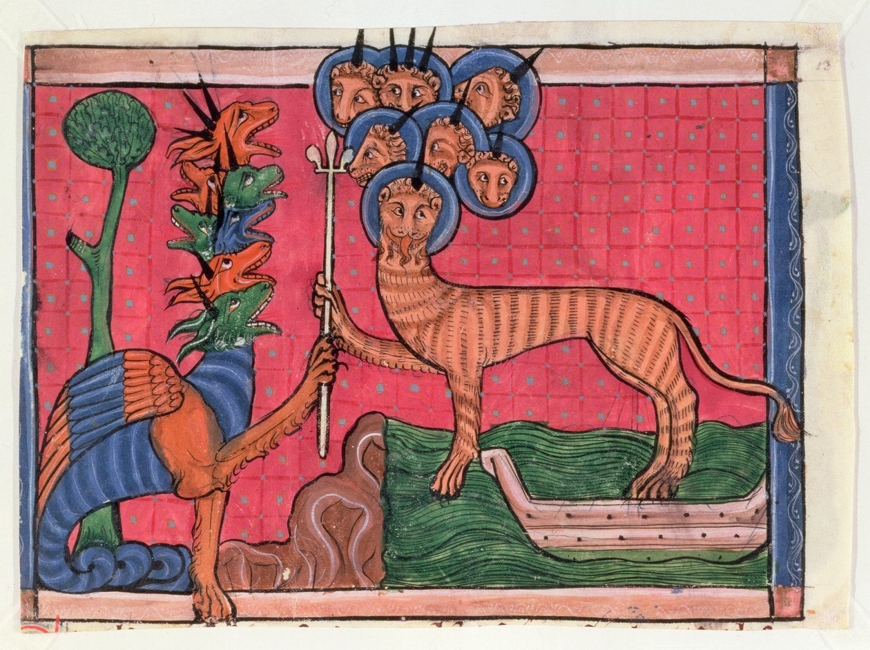 启示录缩影：龙的发动战争和海的野兽，c.1295（牛皮纸上的蛋彩画） 作者 法语学校