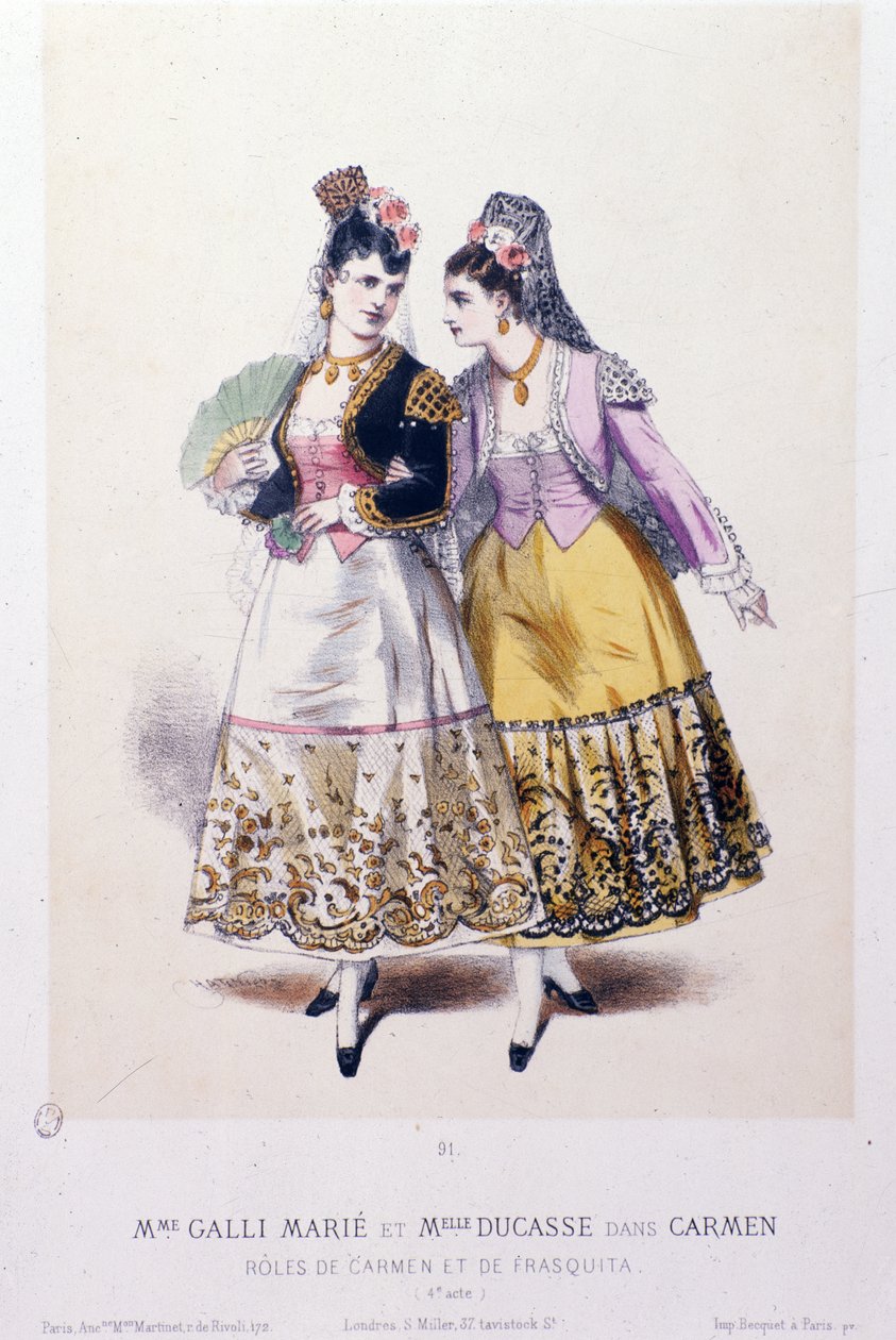 Marie Galli（Carmen）和Miss Ducasse（Frasquita）的服装在Georges Bizet的Carmen演出 作者 法语学校