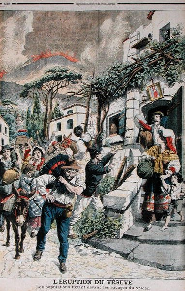 维苏威火山喷发，人们逃离火山，插图来自Le Petit Journal，1906年4月22日 作者 法语学校