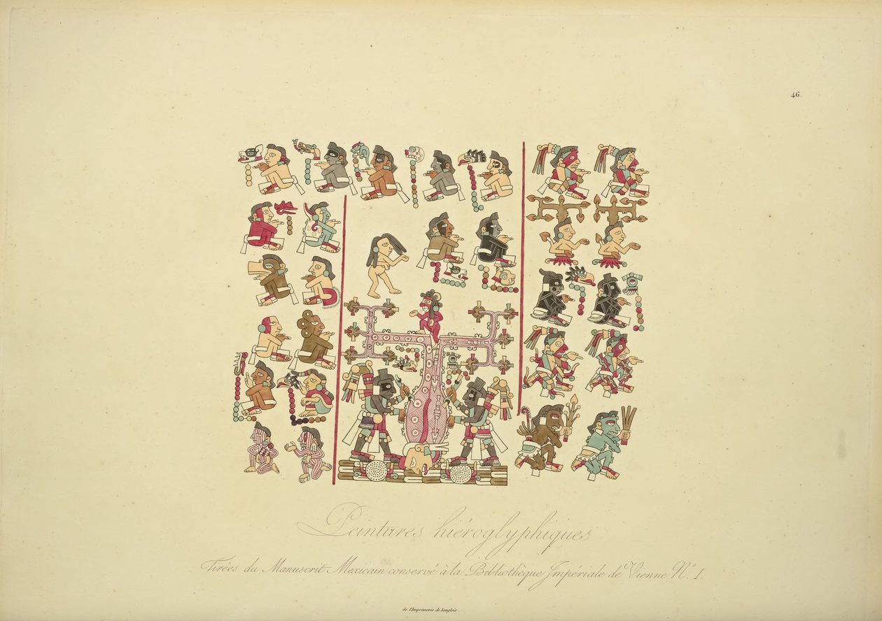 墨西哥手稿I的象形文字画，保存在维也纳皇家图书馆，插图来自亚历山大·冯·胡的美国土着人民的山脉和纪念碑 作者 法语学校