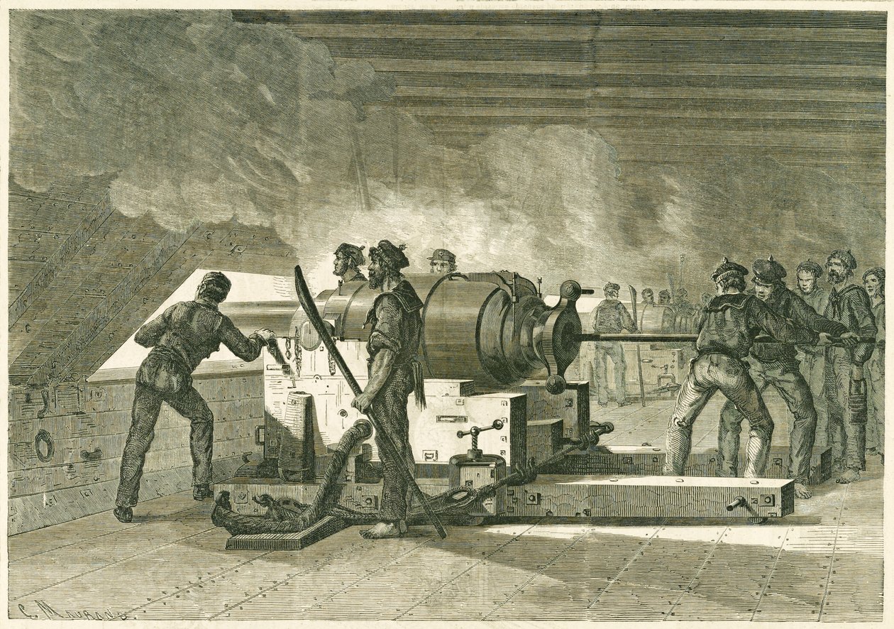 Merrimac电池内部，与显示器的斗争，发表于1862-1865（木版画） 作者 法语学校