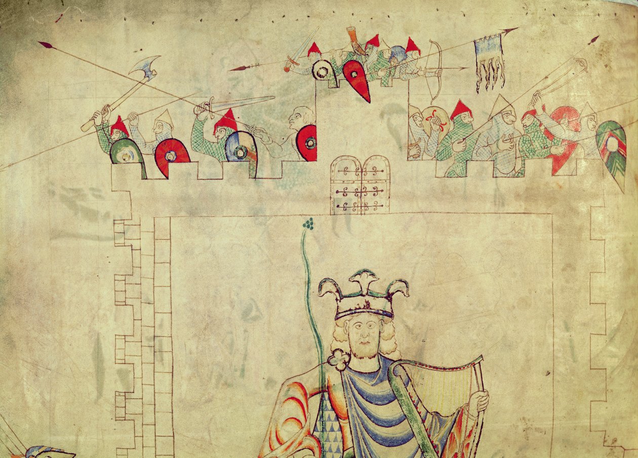 1215 t.3 fol.13v大卫国王坐在耶路撒冷中心的陛下，从圣艾蒂安哈丁的圣经中看到城墙上士兵的细节 作者 法语学校