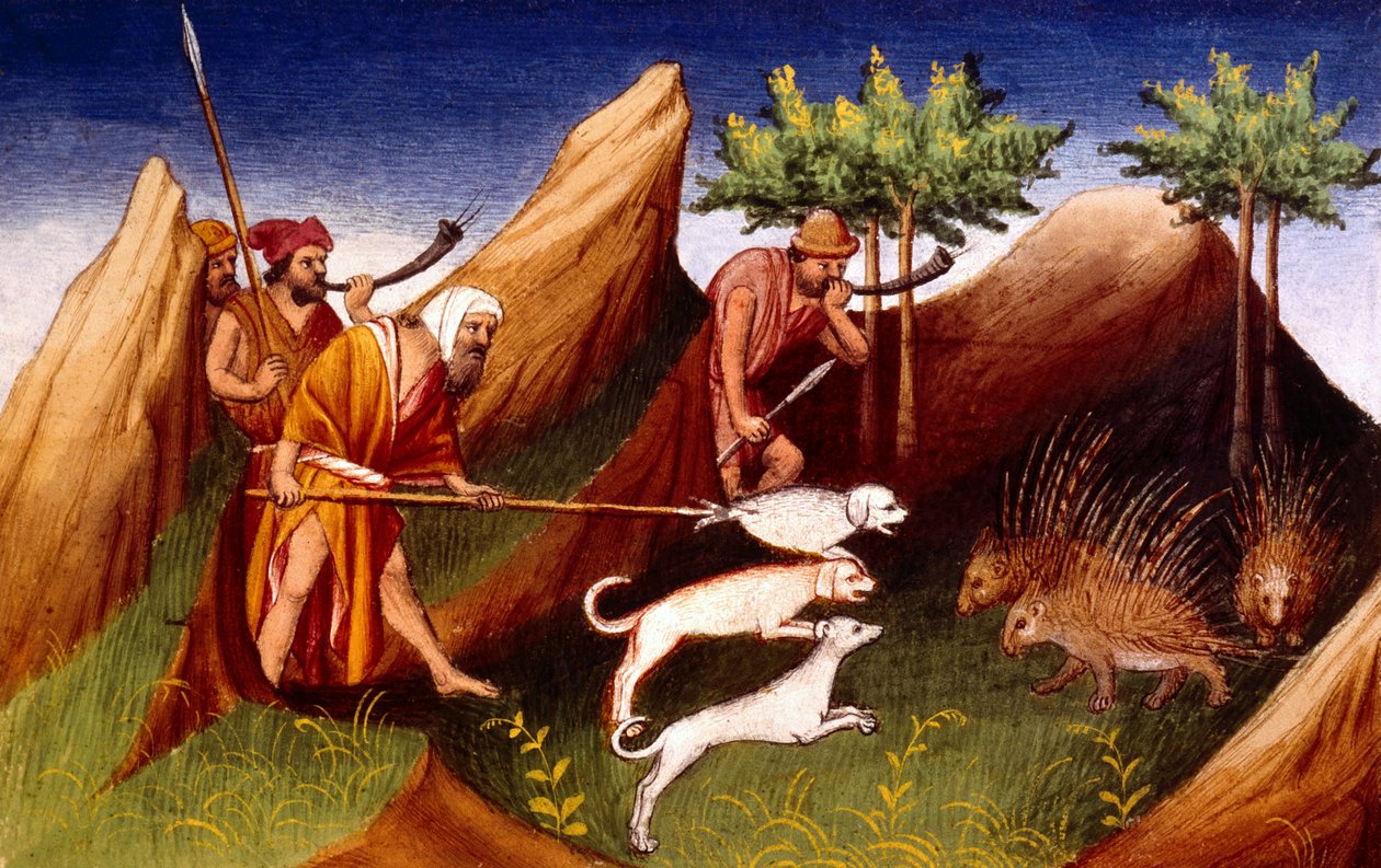 女士2810 f.18，在Badakhehan的豪猪狩猎，来自Wonderland Book，c.1410-12（vellum上的蛋彩画） 作者 法语学校