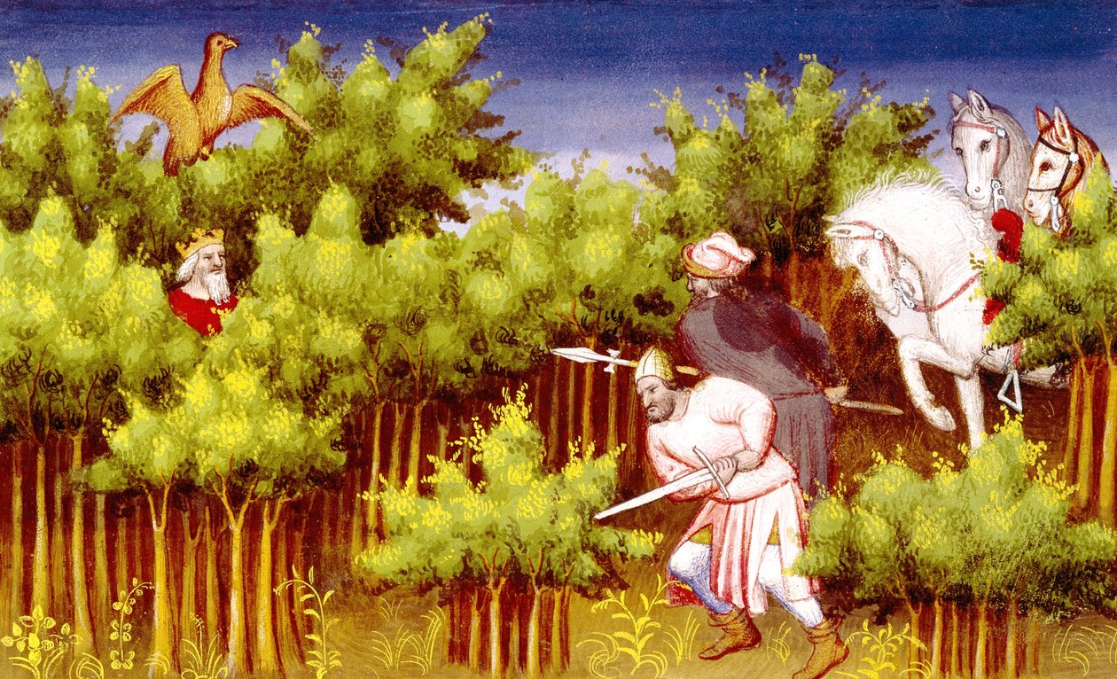 2810 f.200v女士，成吉思汗躲在灌木丛中，逃离他的敌人，来自Livre des Merveilles du Monde，c.1410-12（牛皮纸上的蛋彩画） 作者 法语学校