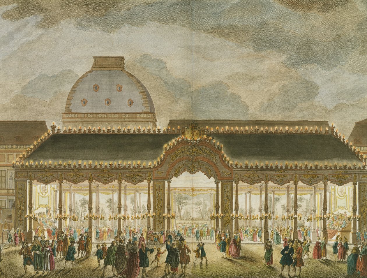 旋转木屋的透视图，为Monseigneur Le Dauphin（细节174858）的婚姻而建造，由Oubrier雕刻（彩色雕刻） 作者 法语学校